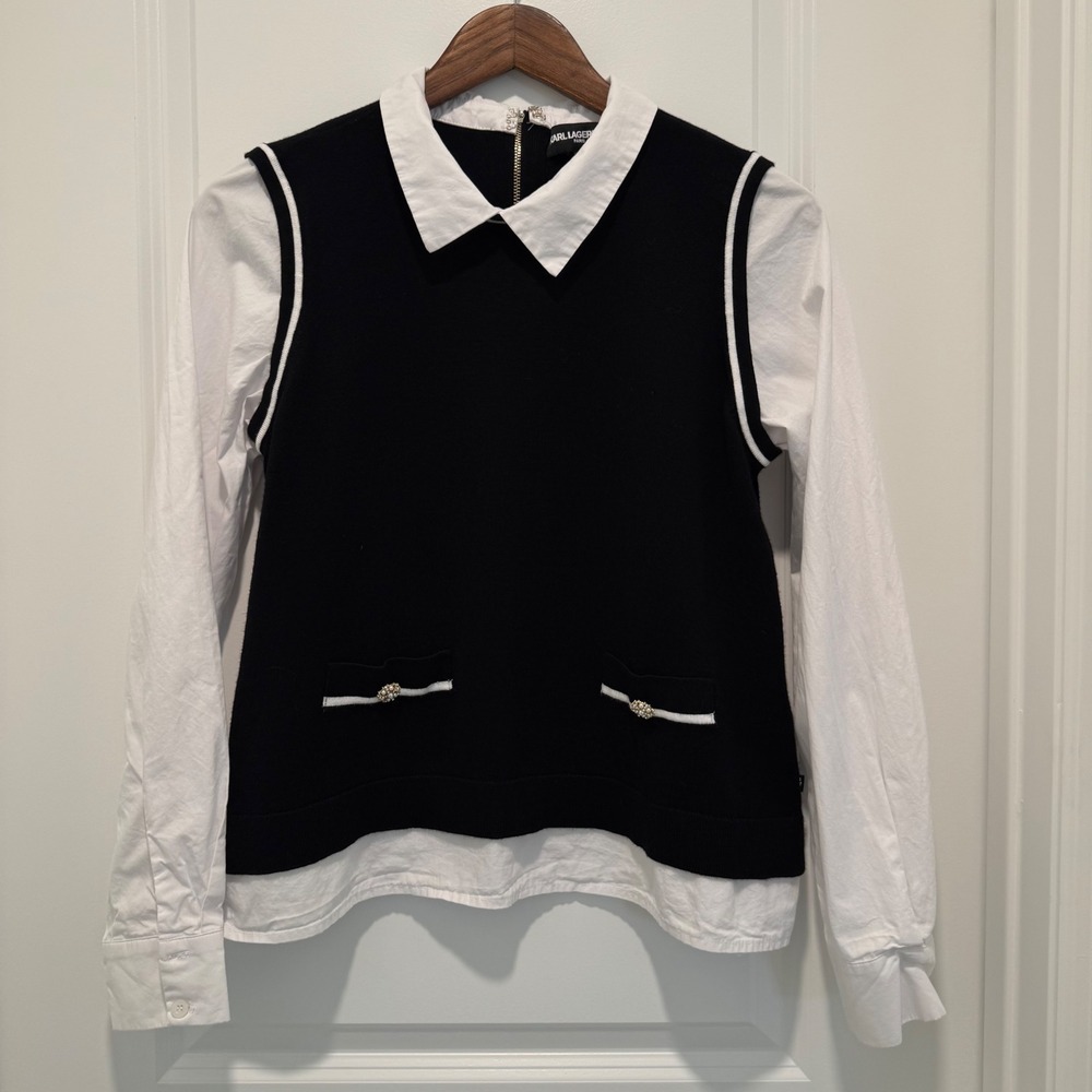 Karl Lagerfeld Layered Sweater Top Womens Medium Black Preppy dark academia